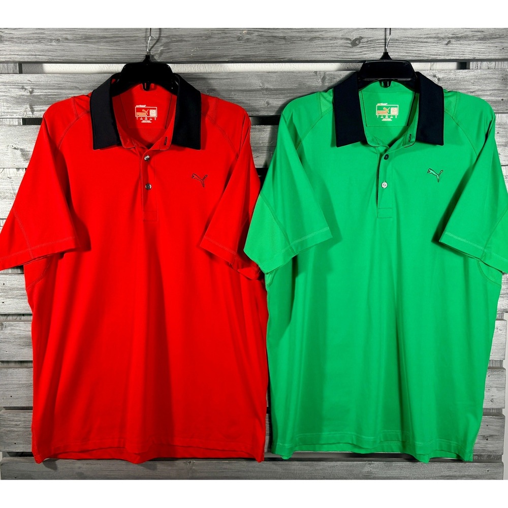 Puma Dry Cell Golf Mens Polo Shirt Red Green Short Sleeve L Large Lot 2 MINT